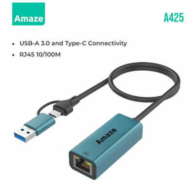 Amaze USB 3.0 and Type C to RJ45 Ethernet LAN Adapter, Windows, iOS, MacOS, Windows, Android - A425