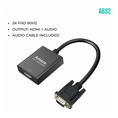 AMAZE VGA TO HDMI Adapter WITH Audio cable, 2K FHD, at 60hz, A832