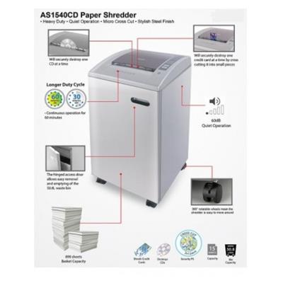 Aurora AS1540CD 15 sheet micro cut Paper Shredder, P5 Security, 60 Mins Duty cycle, 50 litre bin