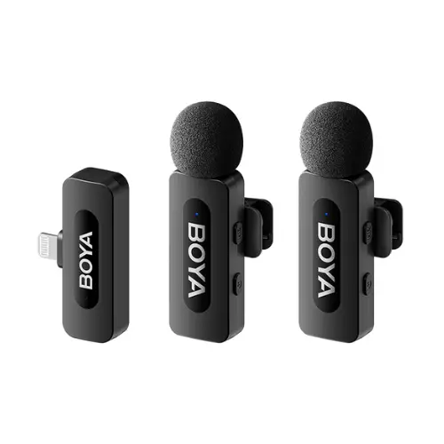 Boya BY-V2 Ultracompact 2-Person Wireless Microphone System for iOS Devices with 2.4GHz Connectivity, Dual Omnidirectional Mics, Selectable Noise Cancellation, and 50m Operating Range
