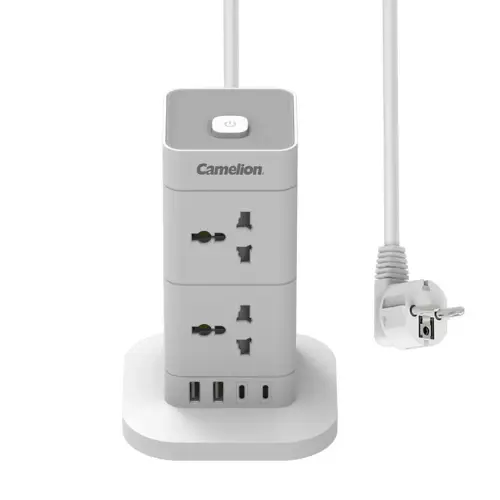 Camelion CMS-308 Universal Power Socket | 8 AC Outlets + 4 USB Ports (2x USB-C) | 2500W | 3-Meter Cord with Surge Protection | Ideal for Home & Office