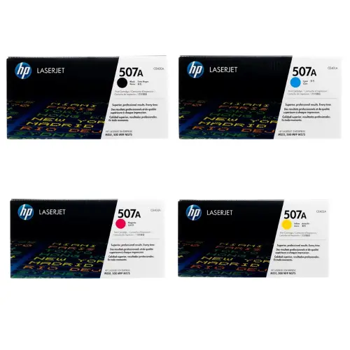 HP 507A Color Printer toner set, CE400A (Black), CE401A (Cyan), CE402A (Yellow), CE403A (Magenta)