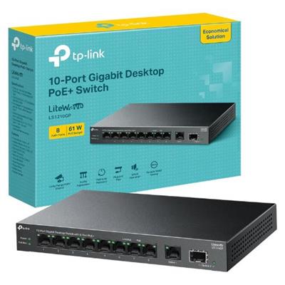 TP-Link 10-Port Gigabit Desktop Switch with 8-Port PoE+, 61 W PoE Budget, 30 W PoE output, Up to 250m PoE Transmission. Traffic Separation, Plug and Play, Fanless, Metal Case (LS1210GP)