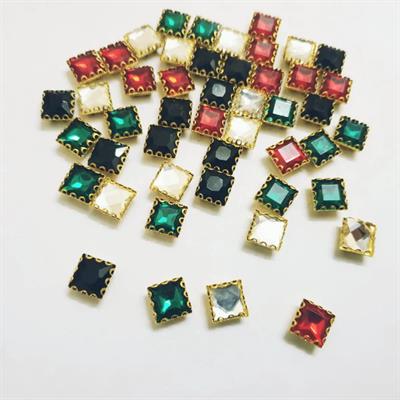 6 Pcs Colorful Square Glass Sew On Rhienstones with Golden Base Crystal Clipstones 