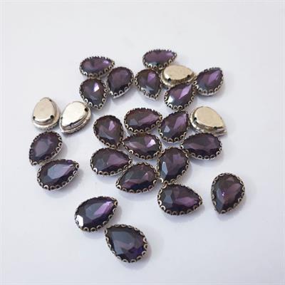 12 Pcs Plum Colorful Tear Drop Glass Sew On Rhienstones with Golden Base Crystal ( 15x10mm )