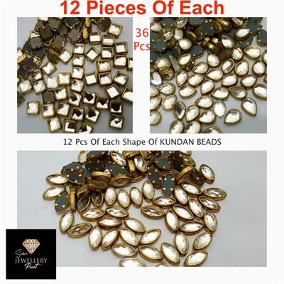 36 Pcs Total (12 Pcs Each) Real Kundan Beads DIY Sewing Jewelry Decoration (Leave Shape 1, Leave Shape 2, Square Shape)