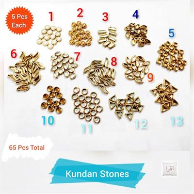 65 Pcs, (5 Pcs each) 13 Different Shape Kundan Stone in Flat Back Mount/Kundan Beads for decoration