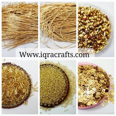Pack of 6 Tola  (1 Tola Each)  Naqsh/Dabka/ Glass Moti, Sequins  Disc & Cup For Clothing Use in Gold Color