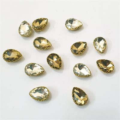 12 Pcs White Colorful Tear Drop Glass Sew On Rhienstones with Golden Base Crystal ( 15x10mm )