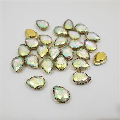 12 Pcs White Colorful Tear Drop Glass Sew On Rhienstones with Golden Base Crystal ( 15x10mm )