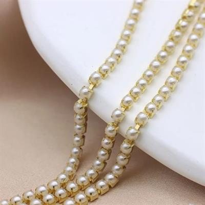 1.5 yard 3mm Pearl Chain Gold Base DIY Sew On Crafts Garments Wedding Dress Decoration Crafts