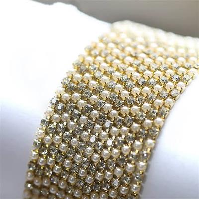 1.5 yard 3mm Rhinestone Lace Pearl Chain Gold Silver Base DIY Sew On Decoration Crafts