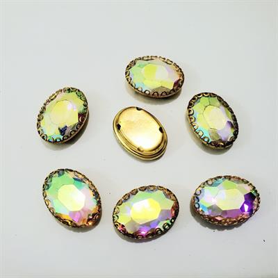 6 Pcs Colorful Oval Glass Sew On Rhienstones with Golden Base 