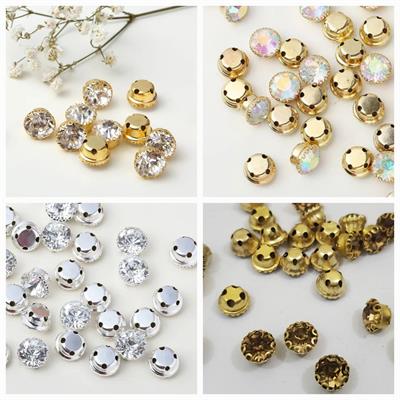 12 Pcs Round Glass Sew On with Golden Base Crystal Clipstones ( 1cm )