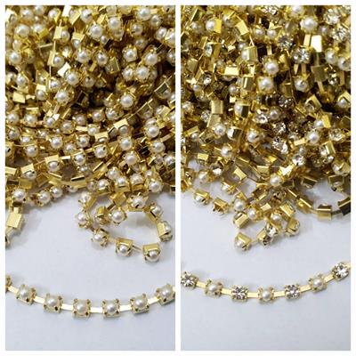 1.5 yard Rhinestone Lace Pearl Chain Gold Silver Base DIY Sew On Decoration Crafts 3mm