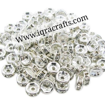 50 Pcs 8mm Metal Silver Spacer Beads Crystal Rhinestone Beads for DIY Crafts