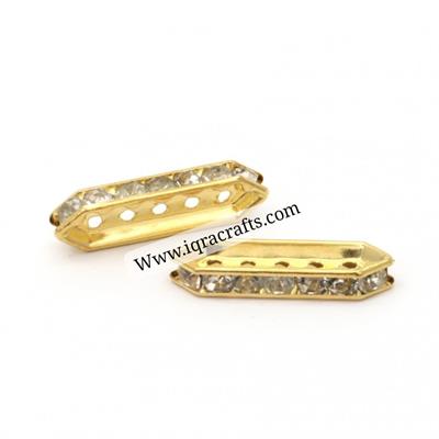 2 pcs Elongated metal divider with crystals with five holes 1.5 mm color gold