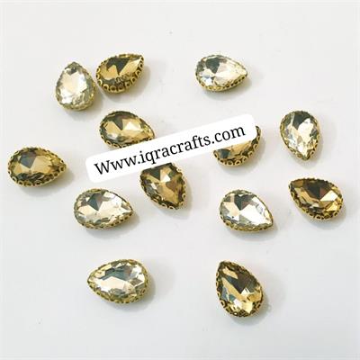 12 Pcs White Colorful Tear Drop Glass Sew On Rhienstones with Golden Base Crystal ( 15x10mm )