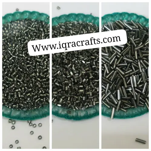 Pack of 2 Tola Glass Cut Pipe, & 4mm Pony Beads In Grey Colors DIY Clothing Craft Sets