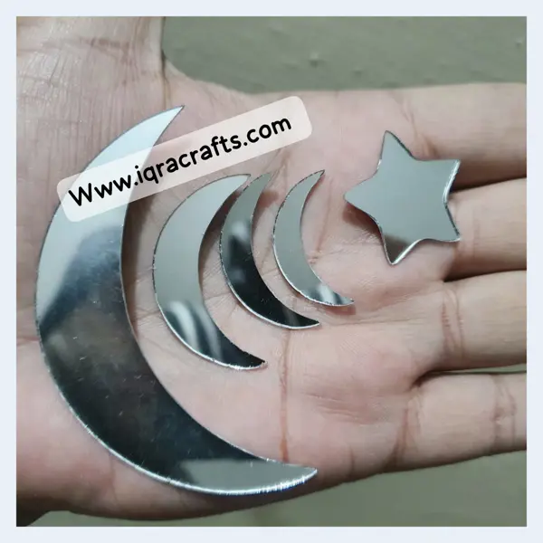 Pack of 5 Pcs Mirrors in Star & Moon shapes, Craft And Also Used In Embroidery, size 1-3 inch