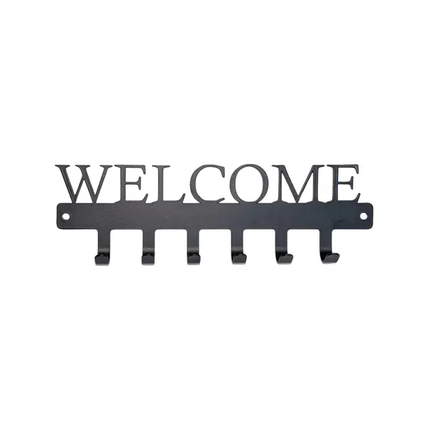 BLACK METAL KEY HOLDER WITH "WELCOME" CUTOUT - 6 HOOKS