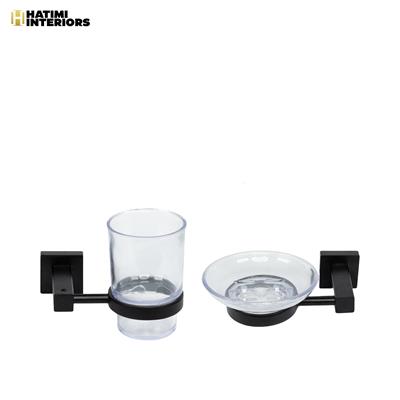 BLACK SQUARE BRACKET BRUSH HOLDER & SOAP DISH SET