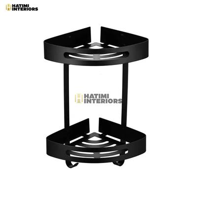 TWO LAYER BLACK STAINELESS STEEL CORNER BATHROOM SHELF