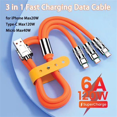 120W 6A 3 in 1 Fast Charging Liquid Silicon Cable