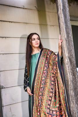 Double Shade Green Black Silk Dress with Heavy Mirror Dupatta