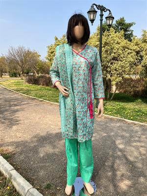 Green Casual Chikankari Dress with Lace and Buttons