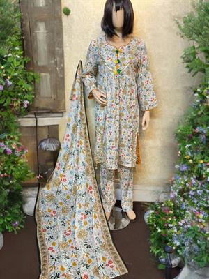 Cream Designer Dress Flowers Pattern with Trouser and Dupatta