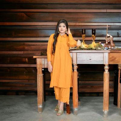 Mustard Dress with Collar Cuffs and Stylish Trouser - 2 Piece