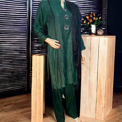 Winter Dark Green Wool Dress with Pockets - 3 Piece