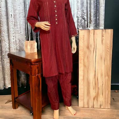 Winter Maroon Wool Dress with Pockets - 2 Piece