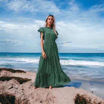 Green Dot Maxi Dress with Butterfly Sleeves