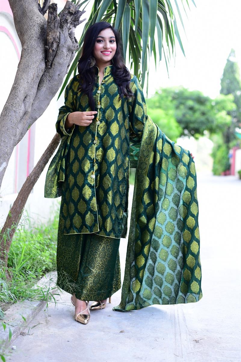 Green banarasi clearance dress