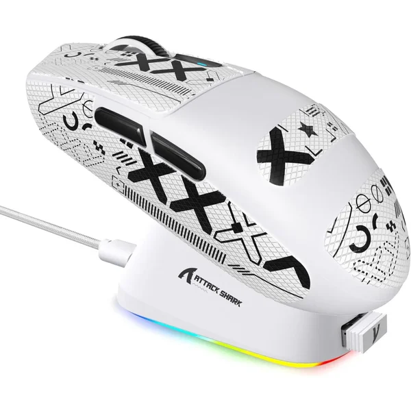 Attack Shark G3Pro Wireless Gaming Mouse with RGB Charging Dock, 2.4G/USB-C Wired/BT PAW3311 Optical Sensor 1K Polling Rate Adjustable 25K DPI, 500mAh Battery Ultra Lightweight 59g Mice - White