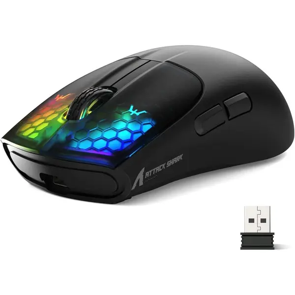 Attack Shark X5 Wireless Gaming Mouse with Tri-Modes BT 5.1/2.4Ghz/USB-C, Lightweight 49g, PAW3212 Optical Sensor, Rechargeable Battery, RGB LED Honeycomb Mice for PC/Tablet/Desktop/Office/Games - Black