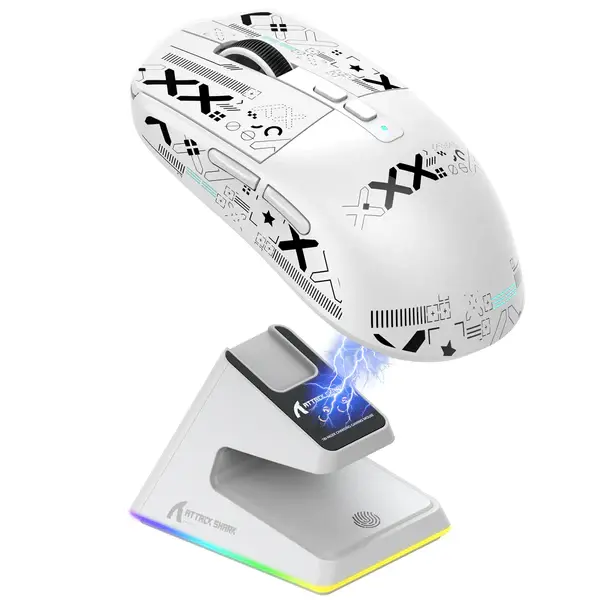 Attack Shark X6 Lightweight Wireless Gaming Mouse with RGB Backlight Charging Base, Tri-Mode Wired/2.4GHz/BT5.2, 26K DPI, PAW3395 Optical Sensor, HUANO Switch, 5 Programmable Buttons, PC/Mac - White