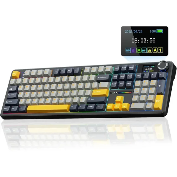 Aula F108 Wireless Mechanical Keyboard with Screen&Knob, Hot Swappable Gaming Keyboard - Grey Yellow (Star Black)