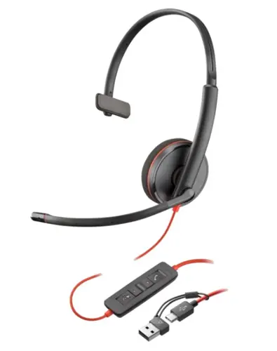Poly Blackwire 3210 Monaural USB-C With  USB-A Headset - BLACK