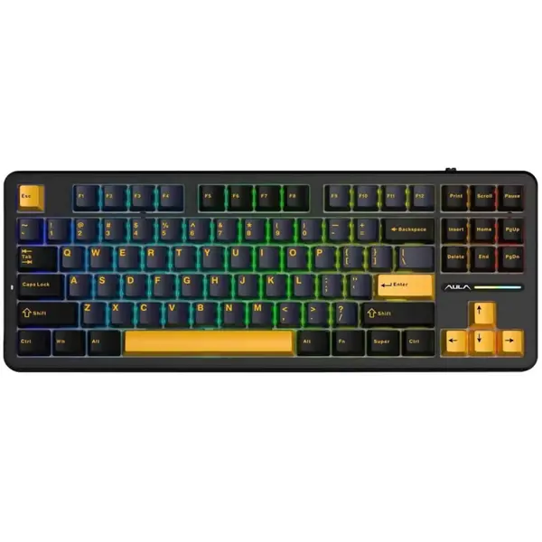 AULA F87 Black+Dark Blue+Orange - Gray Wood Switch Wireless Mechanical RGB TKL Keyboard