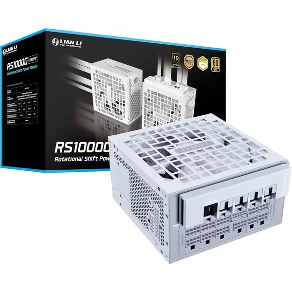 Lian Li RS 1000W Rotational Shift Fully Modular ATX Power Supply (W/USB Fan Hub) 90° AC Inlet, Cybenetics Platinum, 80+ Gold, ATX 3.1, PCIe 5.1, 12V-2×6 Cable, White