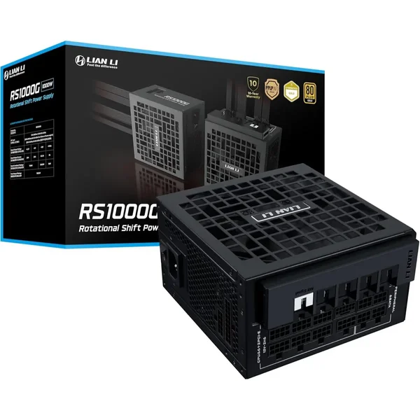 Lian Li RS 1000W Rotational Shift Fully Modular ATX Power Supply (W/USB Fan Hub) 90° AC Inlet, Cybenetics Platinum, 80+ Gold, ATX 3.1, PCIe 5.1, 12V-2×6 Cable, Black