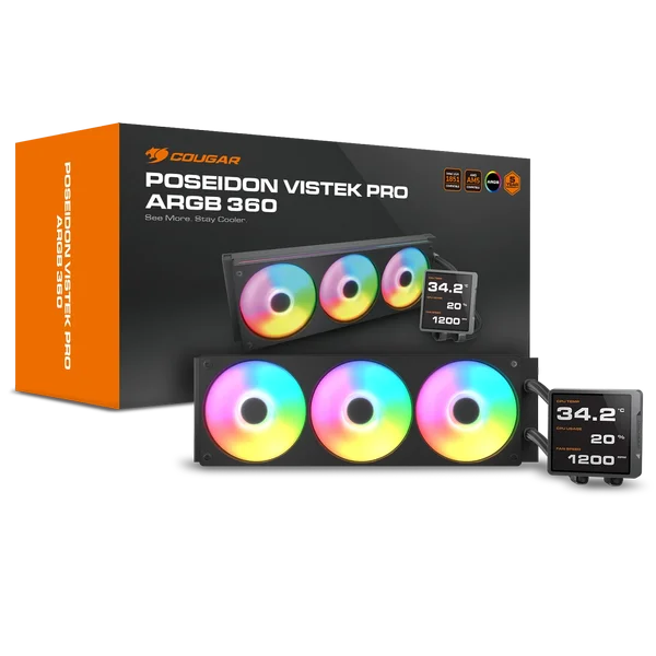 Cougar Poseidon Vistek Pro ARGB 360 AIO 3.95-inch IPS LCD 360mm Liquid CPU Cooler - Black