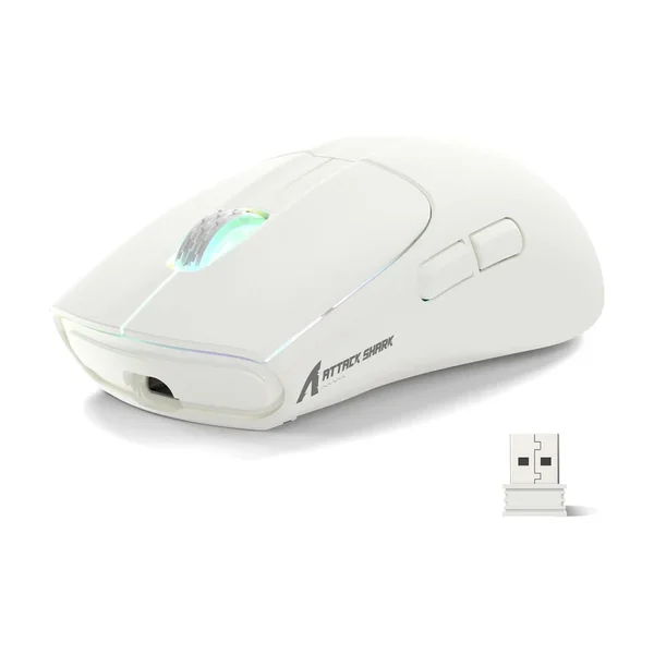 Attack Shark X5 Wireless Gaming Mouse with Tri-Modes BT 5.1/2.4Ghz/USB-C, Lightweight 49g, PAW3212 Optical Sensor, Rechargeable Battery, RGB LED Honeycomb Mice for PC/Tablet/Desktop/Office/Games - White