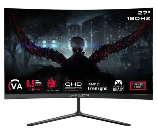 GAMEON GOC27Q180VA Pro Series 27" QHD, 180Hz, MPRT 0.5ms, HDMI 2.1, VA Panel Curved Gaming Monitor (Supports PS5) - Black