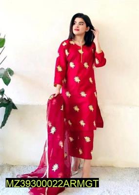 3 Pcs Embroidery Silk Suit For Womens