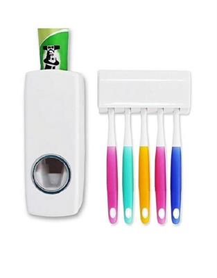 Toothpaste Dispenser With 5 Brush Holder Wall Mounted Automatic Hands Free Toothpaste Dispenser