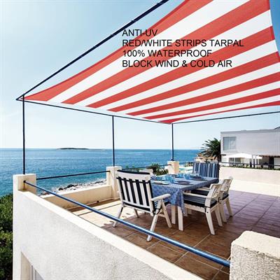 Red/White Strips Canvas Tarpal 100% waterproof+ Heat resistance , Blocks Wind & Cold air.Rings & loops on all sides with every 3 feet distance.